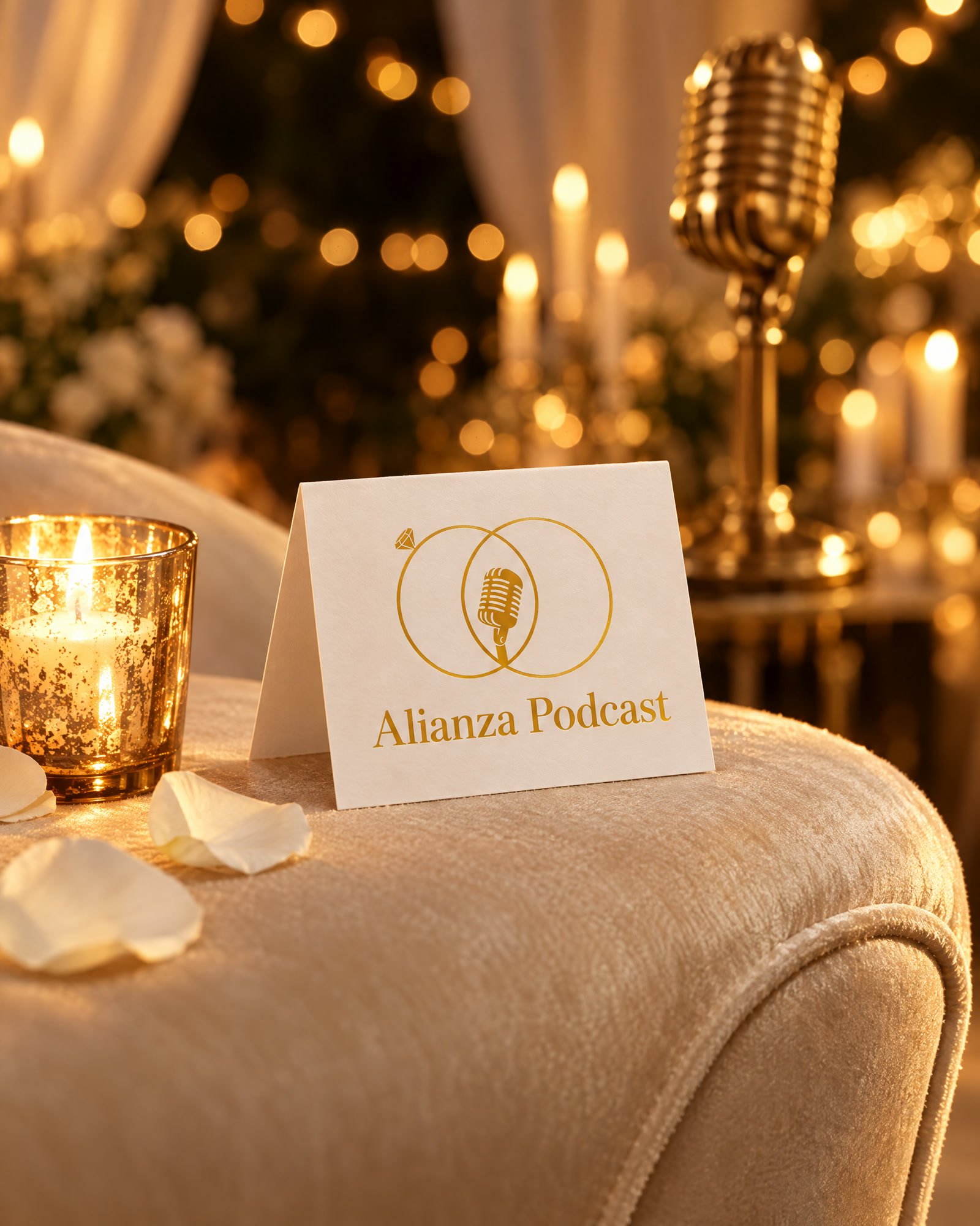 Una tarjeta con el logotipo de Alianza Podcast sobre el brazo de una butaca de terciopelo, junto a una vela y pétalos blancos